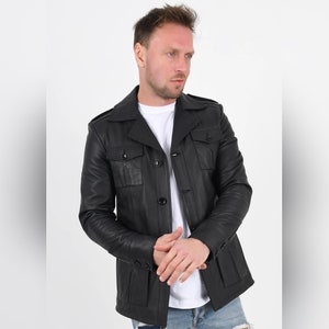 ALiN - Harrison Safari Manteau en cuir noir pour hommes, veste en cuir pour hommes Manteau en peau d'agneau véritable pour hommes