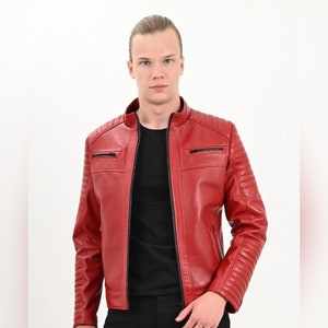 ALiN - Sandor Slim Fit veste en cuir rouge pour homme, veste en cuir zippée pour homme manteau rouge en peau d'agneau véritable