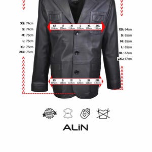 May include: Black leather jacket with a classic design, featuring a notched collar, button closure, and multiple pockets. The jacket has size measurements in centimeters, with chest sizes ranging from 104cm to 136cm.