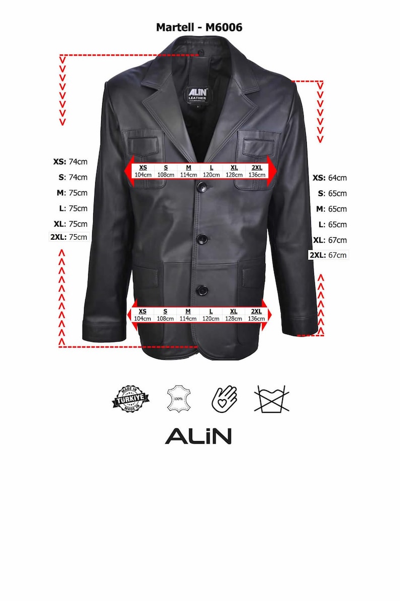 May include: Black leather jacket with a classic design, featuring a notched collar, button closure, and multiple pockets. The jacket has size measurements in centimeters, with chest sizes ranging from 104cm to 136cm.