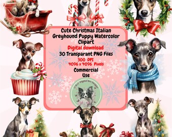 May include: A digital download of 30 Christmas-themed Italian Greyhound puppy illustrations. The puppies are depicted in various poses, wearing festive attire, and surrounded by holiday decorations. The illustrations are in watercolour style and are perfect for creating holiday cards, invitations, or other festive projects.
