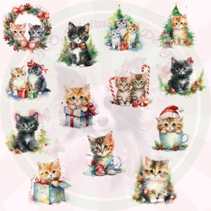 Cute Watercolor Christmas Kittens Cat Clipart PNG Set of 26 Holiday ...