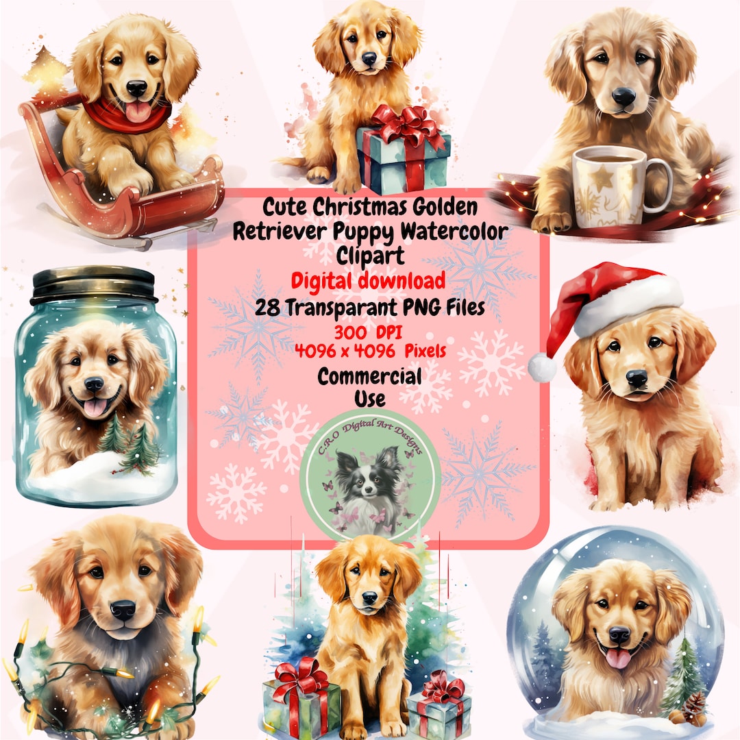 Cute Christmas Golden Retriever Puppy Watercolor Clipart PNG Set, 28 ...