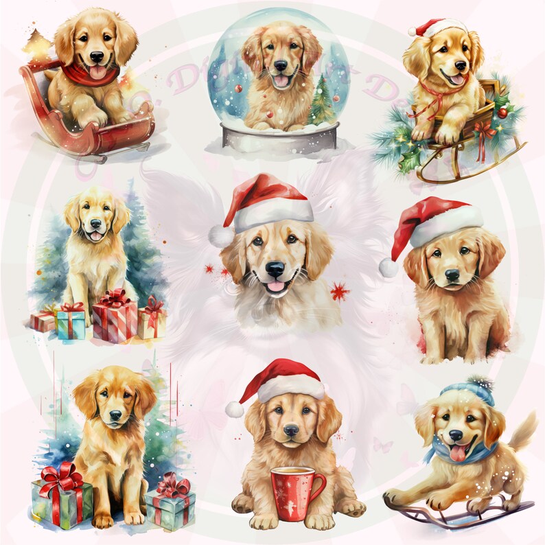Cute Christmas Golden Retriever Puppy Watercolor Clipart PNG Set, 28 ...