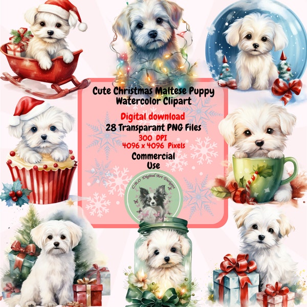 Cute Christmas Maltese Puppy Watercolor Clipart PNG Set, 28 Holiday Clipart, Transparent Background, commercial use Sublimation