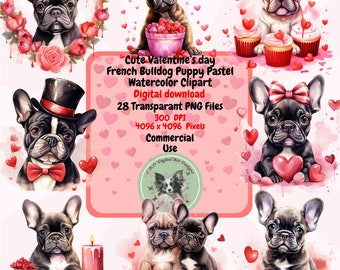 Cute Valentine's French Bulldog Puppy Pastel Watercolor Clipart PNG set 28 Holiday Sublimation Clipart Transparent Background commercial use