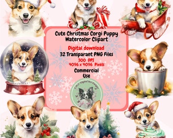 Cute Christmas Corgi Puppy Watercolor Clipart PNG Set, 32 Holiday Clipart, Transparent Background, commercial use Sublimation