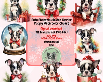 Cute Christmas Boston Terrier Puppy Watercolor Clipart PNG Set, 28 Holiday Clipart, Transparent Background, commercial use Sublimation