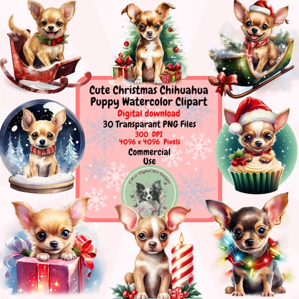 Cute Christmas Chihuahua Puppy Watercolor Clipart PNG Set, 30 Holiday Clipart, Transparent Background, commercial use, Sublimation