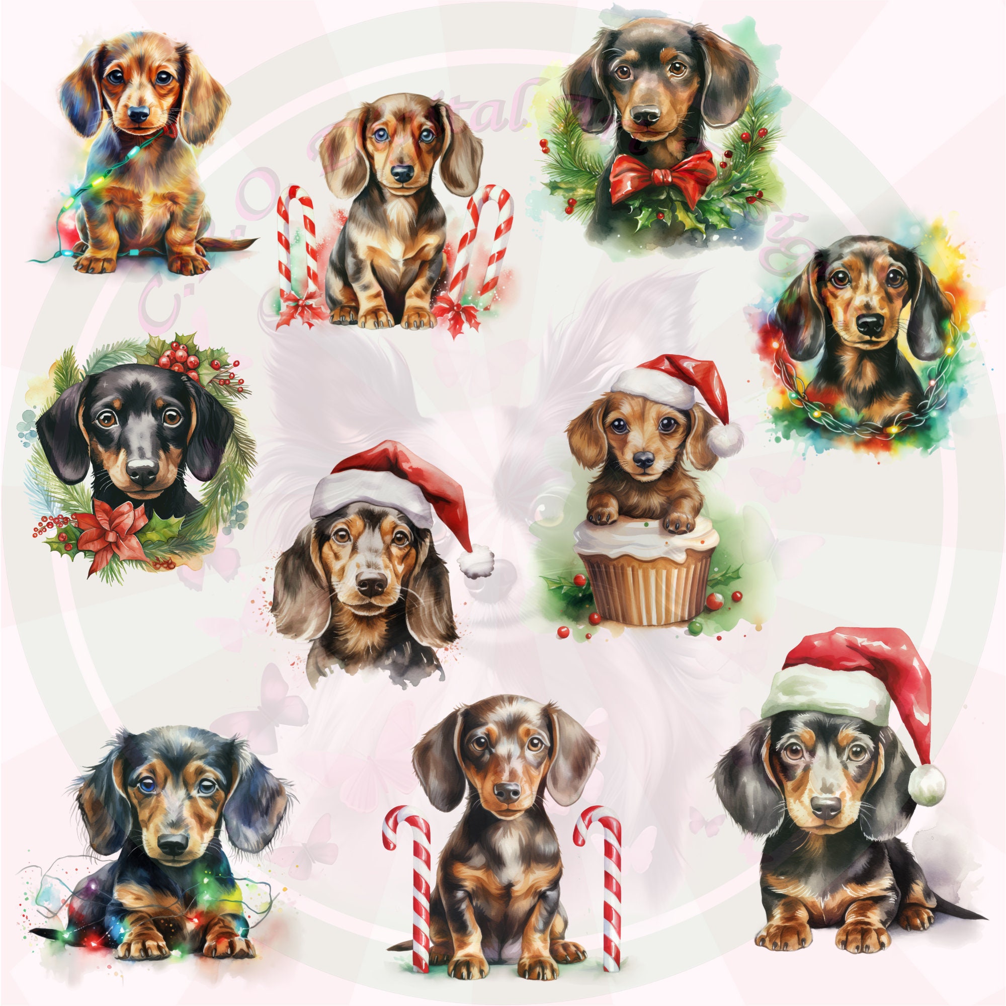Cute Christmas Dachshund Puppy Watercolor Clipart PNG Set, 30 Holiday ...
