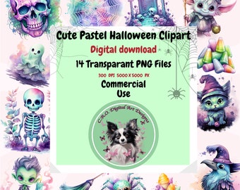 Pastell Spooky Cute Halloween Clipart PNG Set, 14 Halloween Cliparts, kommerzielle Nutzung Clip Art, Aquarell Design, Goth Thema Illustrationen