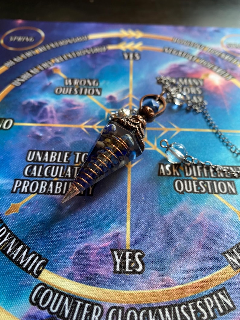 Op de afbeelding: Een blauwe en koperen slinger met een kristallen punt, hangend aan een ketting, boven een cirkelvormig diagram met de woorden "JA", "NEE", "VERKEERDE VRAAG", "ONVERMOGEN OM DE WAARSCHIJNLIJKHEID TE BEREKENEN", "ANDERE VRAAG STELLEN", "DYNAMISCH", en "TEGEN DE KLOK IN DRAAIEN".