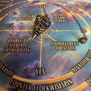 Puede incluir: Un péndulo de color dorado con un diseño en espiral cuelga sobre un gráfico circular con fondo azul y morado. El gráfico tiene texto en negro y dorado, incluyendo "Sí", "Demasiados factores en juego", "Hacer una pregunta diferente" y "Girar en sentido contrario a las agujas del reloj".