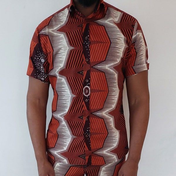 Chemise Homme imprimé en Wax, 100% coton, Chemise tissu africain, Chemise à rayures colorée, Chemise bleue et jaune, Chemise faite main