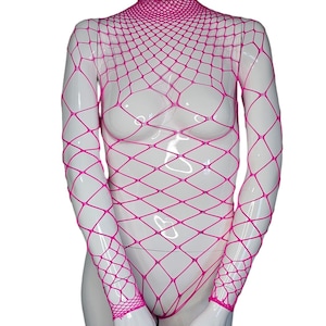 Sexy Pink Fishnet Bodysuit for Women - long-sleeved, high-neck design One Size Fits All
