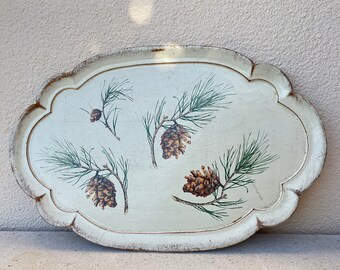 Lovely Vintage Wooden Tray. Distressed details on painted tray with pine cone decor. Cream colored. Perfect for the Holidays!