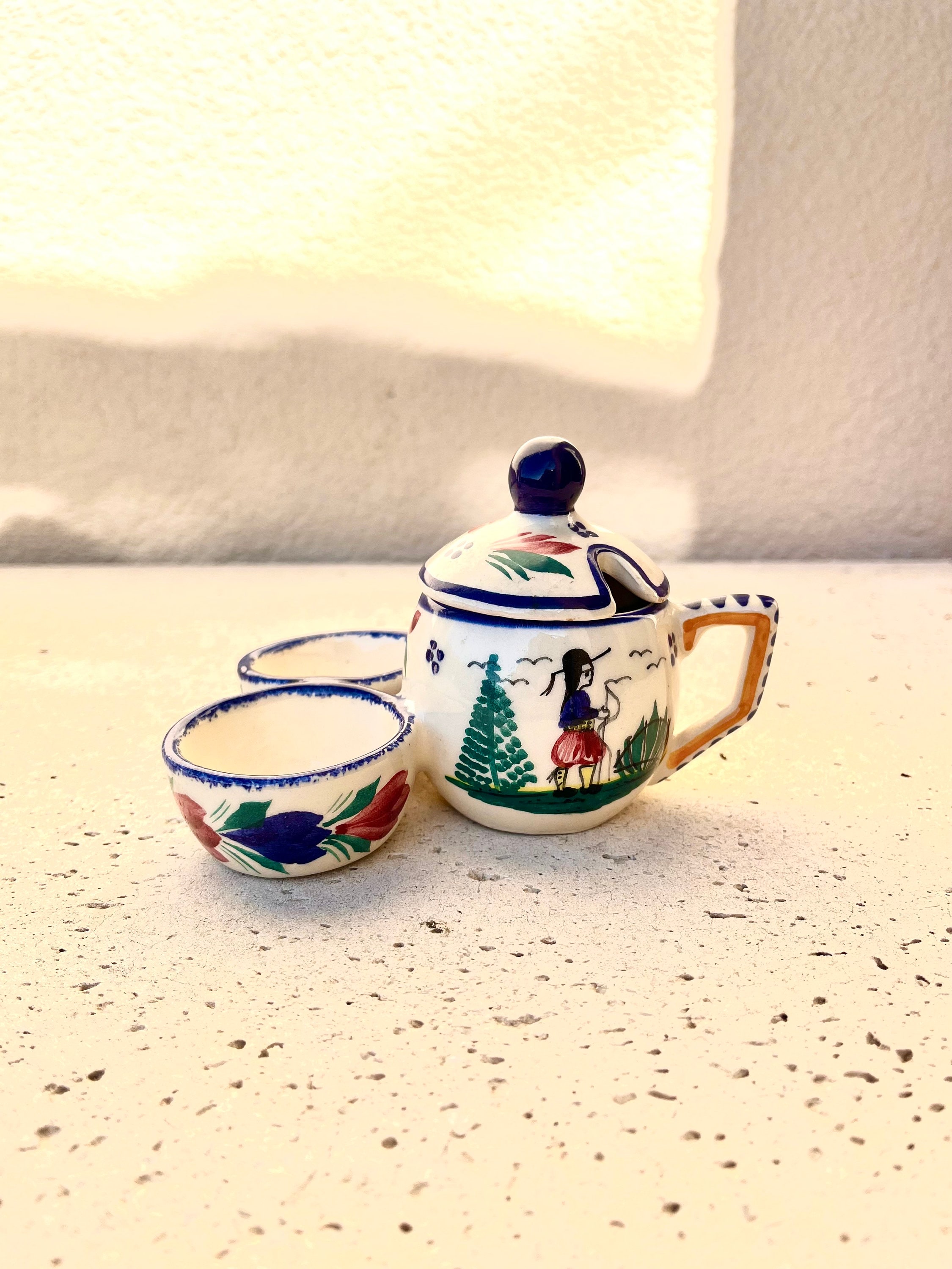 HB Quimper French Vintage Earthenware Hand Painted Moustard pot with lid and salt and pepper dishes attached. Petit Breton and floral motif.