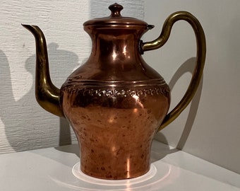 Antique Copper Kettle Coffee Pot / 19th Century Copper Pot with brass handles.