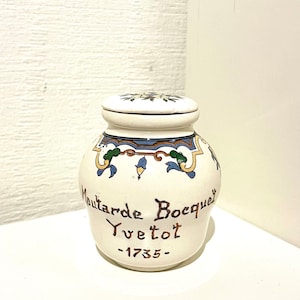 Vintage DIGOIN & SARREGUEMINES Senfdose mit Deckel und Schlitz für Löffel. Handbemaltes Steingut mit Art Deco Dekor. Hergestellt in Frankreich.
