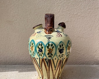 Pichet à eau vintage méditerranéen Botijo gargoulette avec motifs marron, bleu, vert, turquoise et jaune