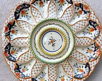 Beautiful large oyster serving plate Henriot Quimper HB Quimper. Vintage faience earthenware, hand painted. Signed.