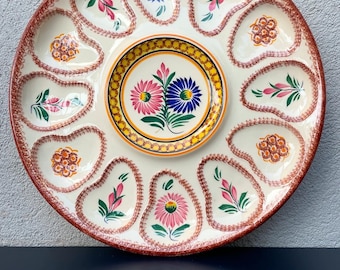 Beautiful large oyster serving plate Henriot Quimper HB Quimper. Vintage faience earthenware, hand painted. Signed.