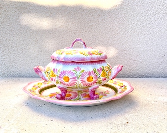 HB Quimper French Earthenware Hand Painted Footed Lidded Soup Tureen Dish with its oval Plate. Amazing Marguerite Pink Yellow. Rare vintage.