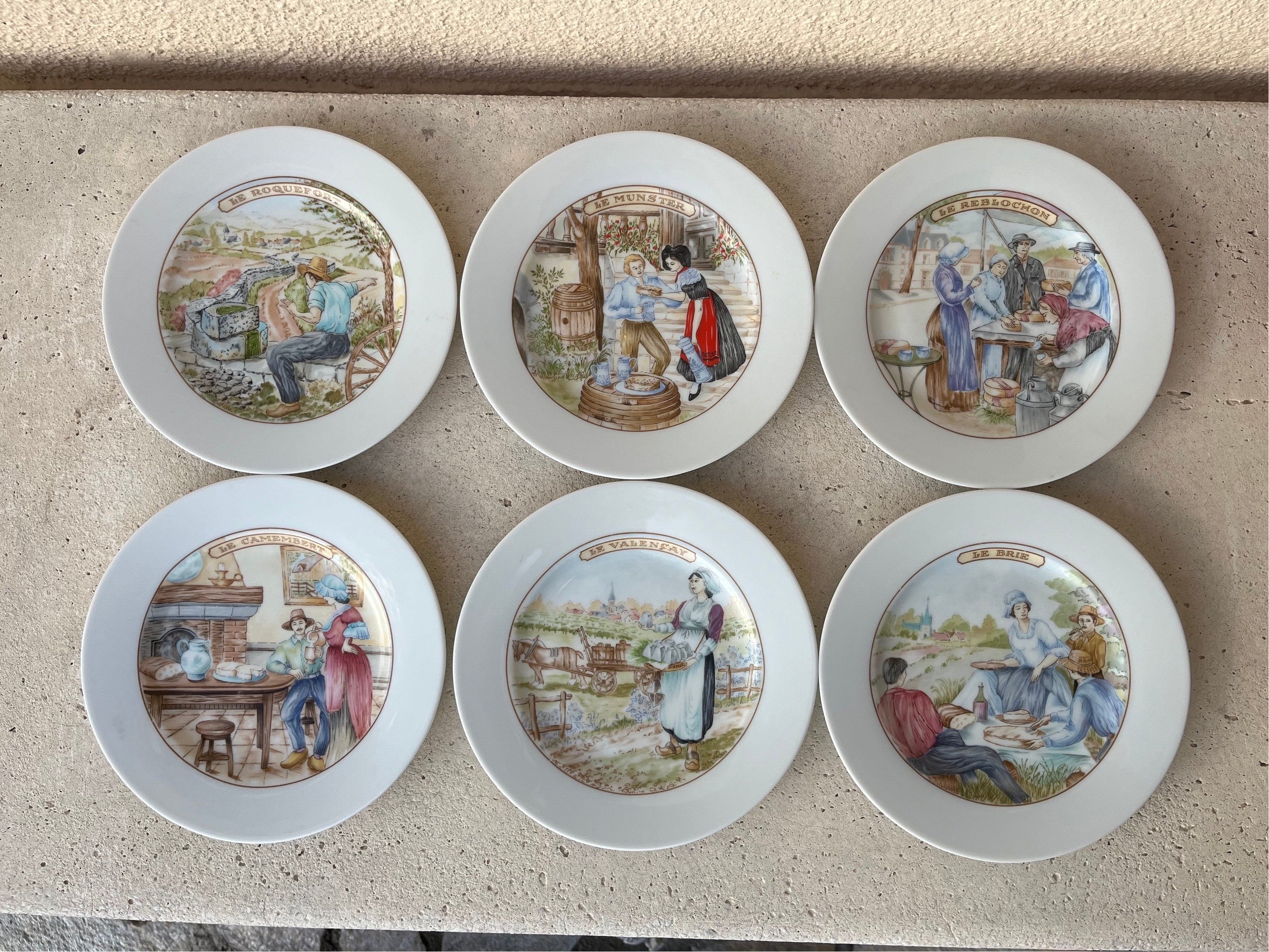 ensemble de six assiettes à fromages limoges. porcelaine blanche avec différents motifs provenant des célèbres régions fromagères france. bel