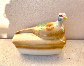 Pheasant terrine/pot de terrine faisan, French, vintage, handcrafted, stoneware, folk art. Vintage Lidded Terrine/Beige Majolica Tureen