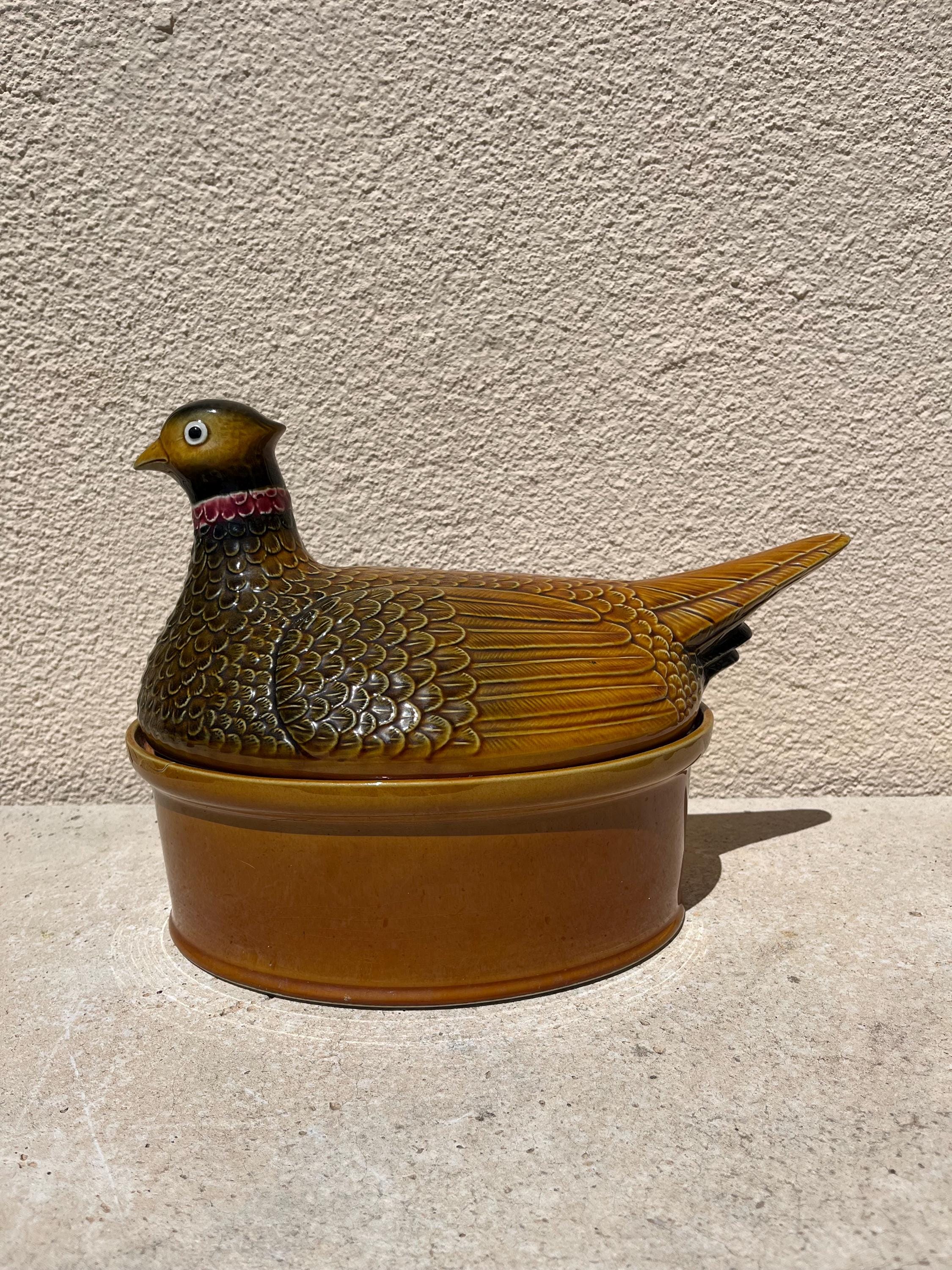 Pheasant terrine / pot de terrine, vintage, handcrafted, earthenware. Vintage lidded  terrine / Glossy brown majolica tureen XL size
