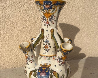 Bouquetière, tulipiere, from Chaudes-Aigues, rare hand painted, faïence, ceramic, signed 1896.