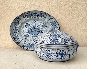 Beautiful oval Soupiere with large matching plate. Blue on very light blue pattern.