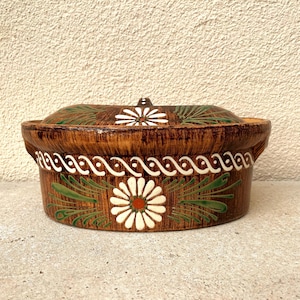 Pode incluir: Um prato de servir oval de cerâmica marrom com um design floral branco e verde. O prato tem um esmalte marrom e uma borda branca.
