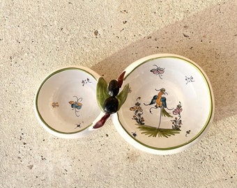 Charming double bowl for olives or snacks. Earthenware faiance Moustière.