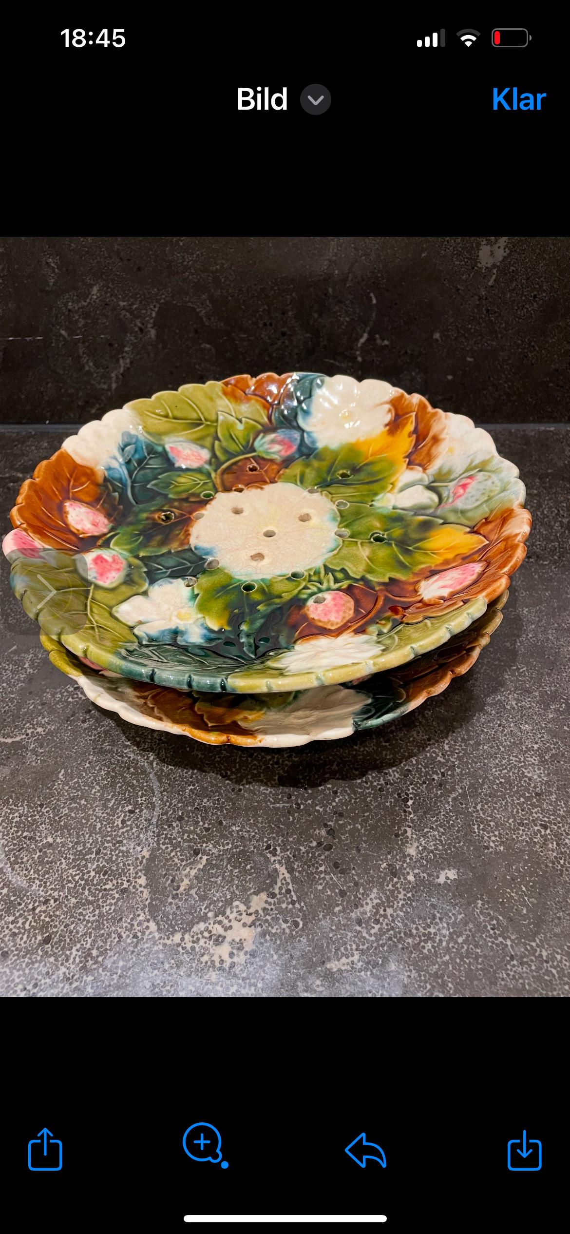 Rare set of slip drainer passoir French vintage, footed majolica plate with underplate. Relief decor of strawberries, flowers and leafs.