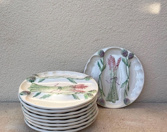Lovely Asparagus and Artichoke flower plates. Glazed majolica ceramic in beautiful pale colours and amazing relief decor. Price per plate!