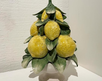 Vintage Italian Majolica Petite Lemon Topiary tree in basket. Handmade and handpainted glazed ceramic by I Berone, Capodimonte, Italy.