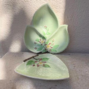 Set of two 1930s Vintage Carlton Ware Apple Blossom Floral Embossed Green Leaf Divided Dishes. Majolica plate. Excellent condition.