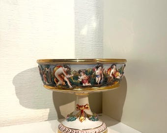 Adorable Vintage Majolica Capodimonte Porcelain Cherub Putti Pedestal bowl. Made in Italy. Dusty color palette with golden details.