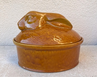 Rabbit terrine / pot de terrine, vintage, handcrafted, earthenware. Vintage lidded  terrine / Glossy brown majolica tureen XL size