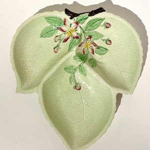 1930s Vintage Carlton Ware Apple Blossom Floral Embossed Green Leaf Divided Dish. Majolica plate. Excellent condition.