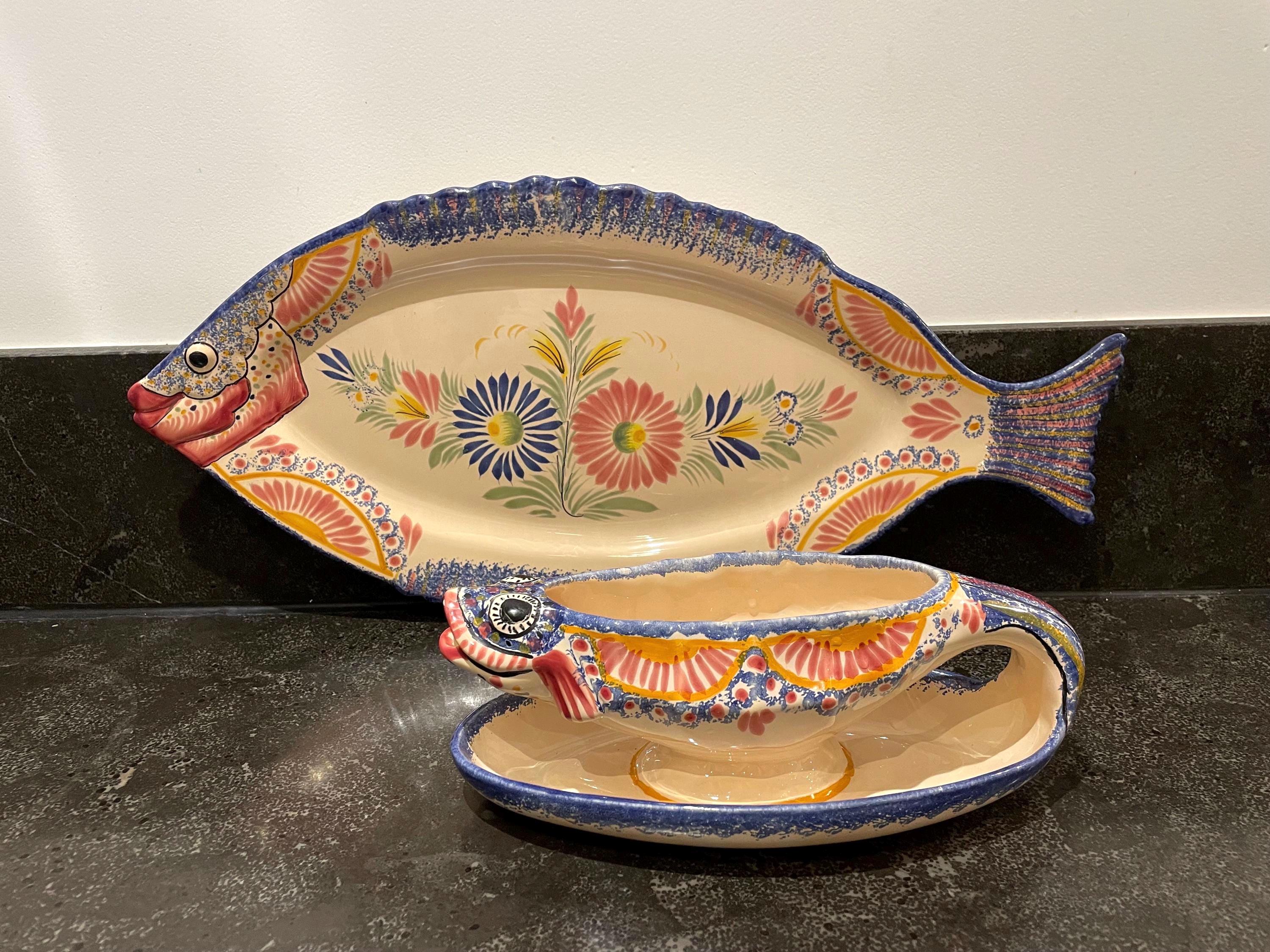 HB Quimper French Vintage Earthenware Hand Painted set of a large fish plate and a charming sauce boat with typical floral decor. Signed.