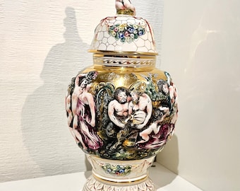 Rare XL Antique Capodimonte Porcelain Lidded Urn Tall Baroque Handpainted Putti Cherub in high relief. Lavish golden details. Signed. H33 cm
