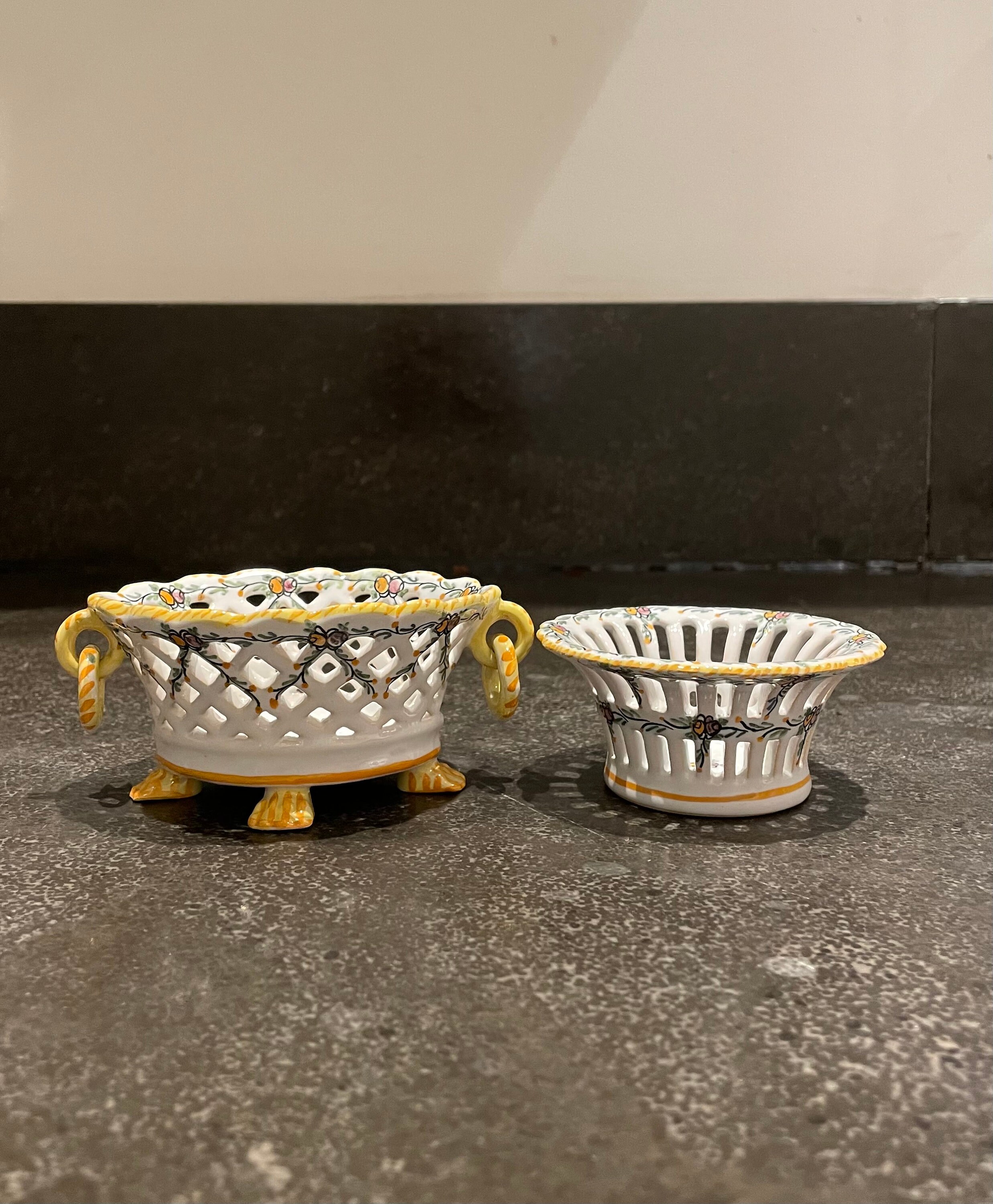 A pair of beautiful antique small ceramic openwork baskets by Emile Tessier, Malicorne, France.