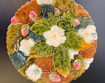 Onnaing French vintage, faience, majolica plate. Relief decor of strawberries, flowers and leafs. 10 plates in total. Price is per plate.
