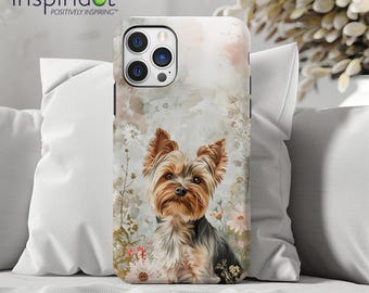 Floral Yorkie Phone Case – Whimsical Yorkshire Terrier Art on Protective Tough iPhone or Samsung Phone Cover for Dog Lovers, Yorkie Mom