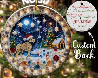 May include: A white ceramic Christmas ornament with a festive winter scene. A dog stands in the snow with a Christmas tree and a house in the background. The ornament has a white border with a string of lights around the edge. The back of the ornament has the text "Joy and happiness in your Heart, with your Dog, the best CHRISTMAS to start" with space for a custom name and date.