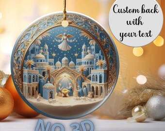 Old World Blue Ceramic Nativity Scene Ornament, Personalized Christian Christmas Decor, Custom Religious Christmas Ornament,Xmas Sphere Look