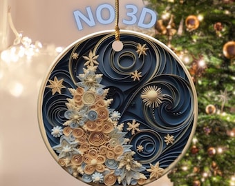 Elegant Ceramic Christmas Tree Ornament, Unique Blue and Gold Bauble, Traditional Holiday Heirloom Gift for Wifey, Cheap Xmas Tree Keepsake