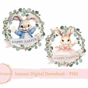 Set of 2 Blue & Pink Bunny Happy Easter Wreath PNG, Easter Bunny Sublimation Design, Easter Bunny Clip Art, Rabbit, Instant Digital Download